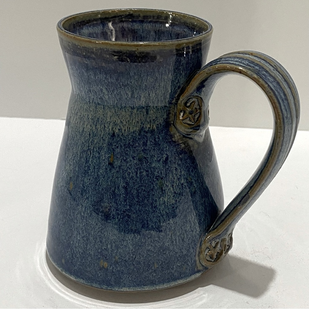 Handmade Pottery Mug Blue Drip Glaze Stars Handle Artisan Fluted Signed Coburn